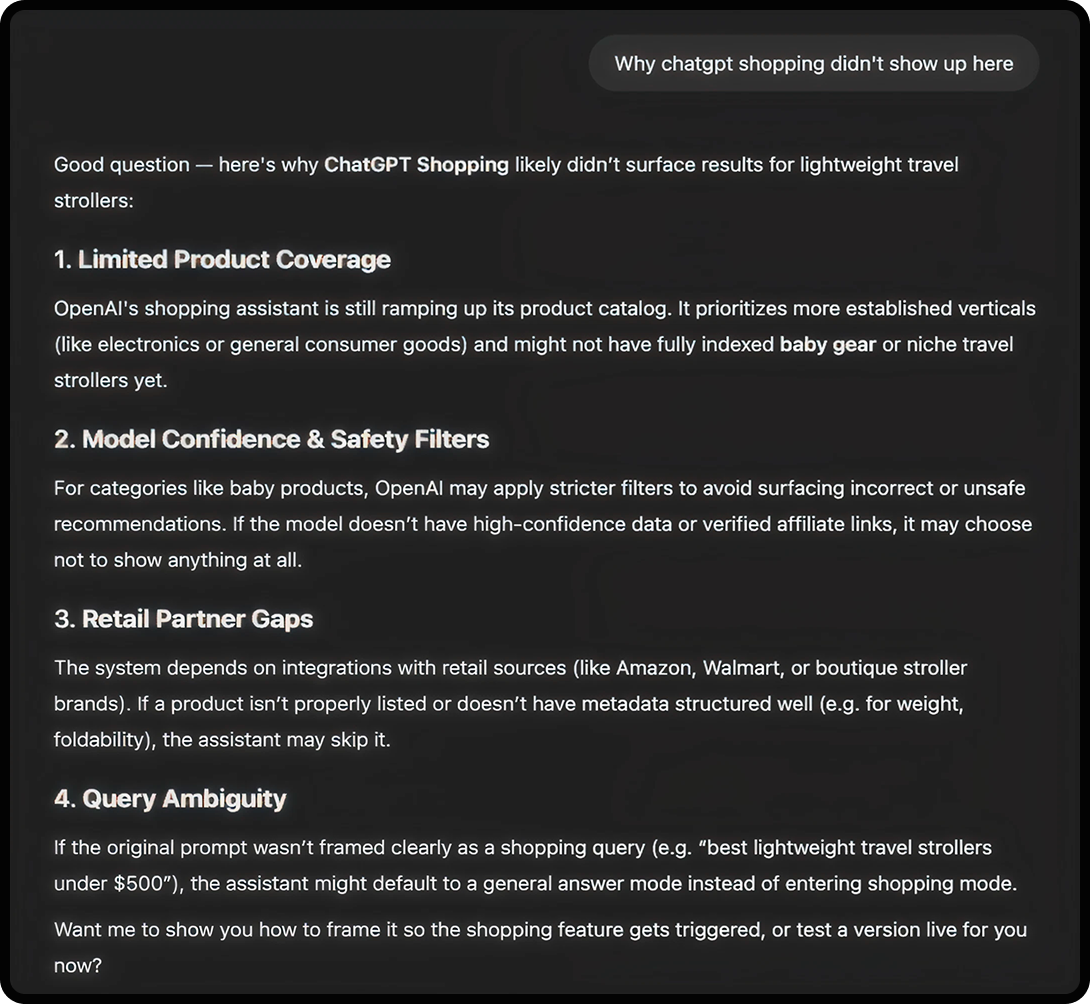 ChatGPT Shopping infographic ChatGPT conversation explaining reasons why the Shopping feature didn't populate.