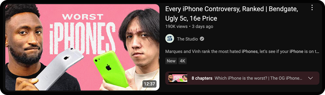 Screenshot of the same thumbnail for the video about iPhones alongside the title of the video
