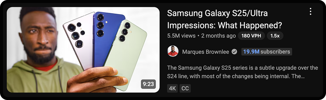 Screenshot of a video thumbnail and title about Samsung Galaxy phones