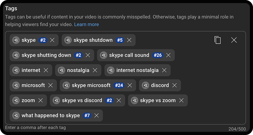 Screenshot of tags on a YouTube video