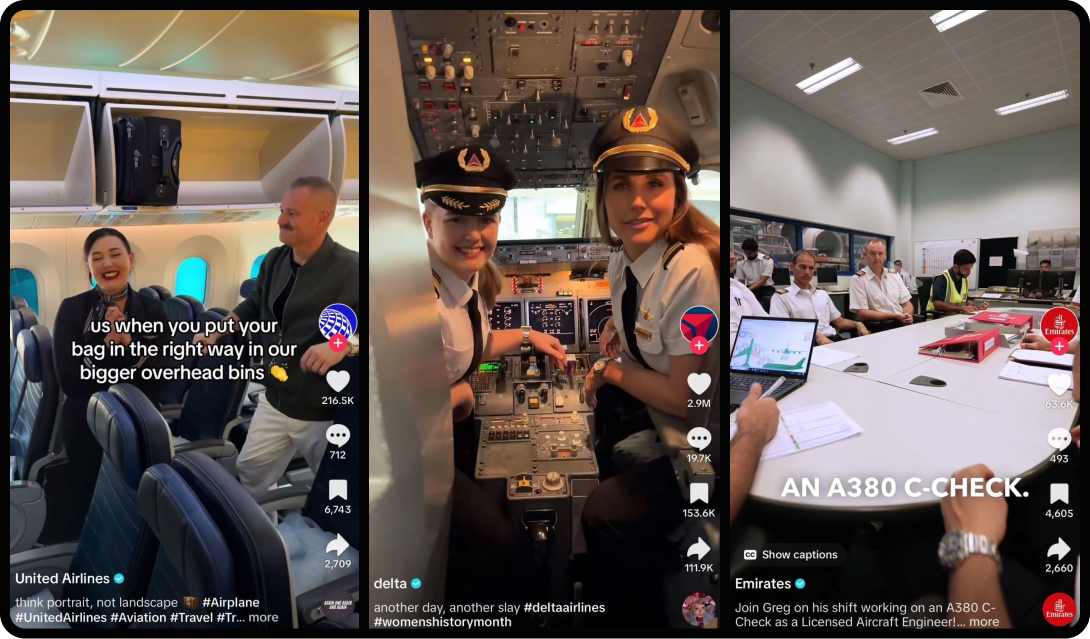 Screenshots of TikTok videos from 3 major airlines
