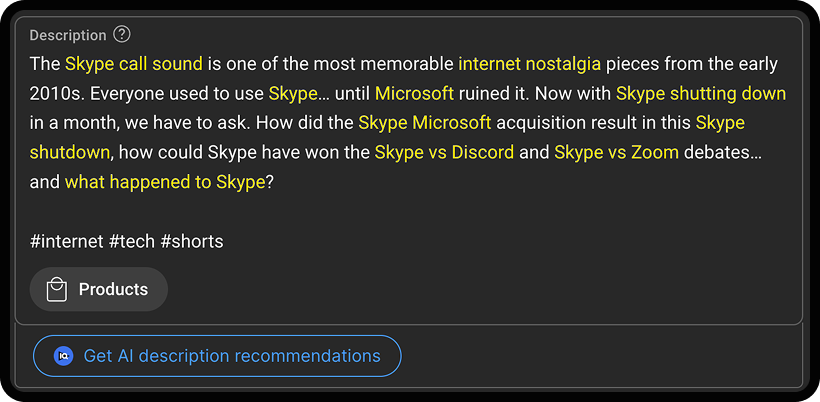 Screenshot of a YouTube video description with keywords highlighted in yellow